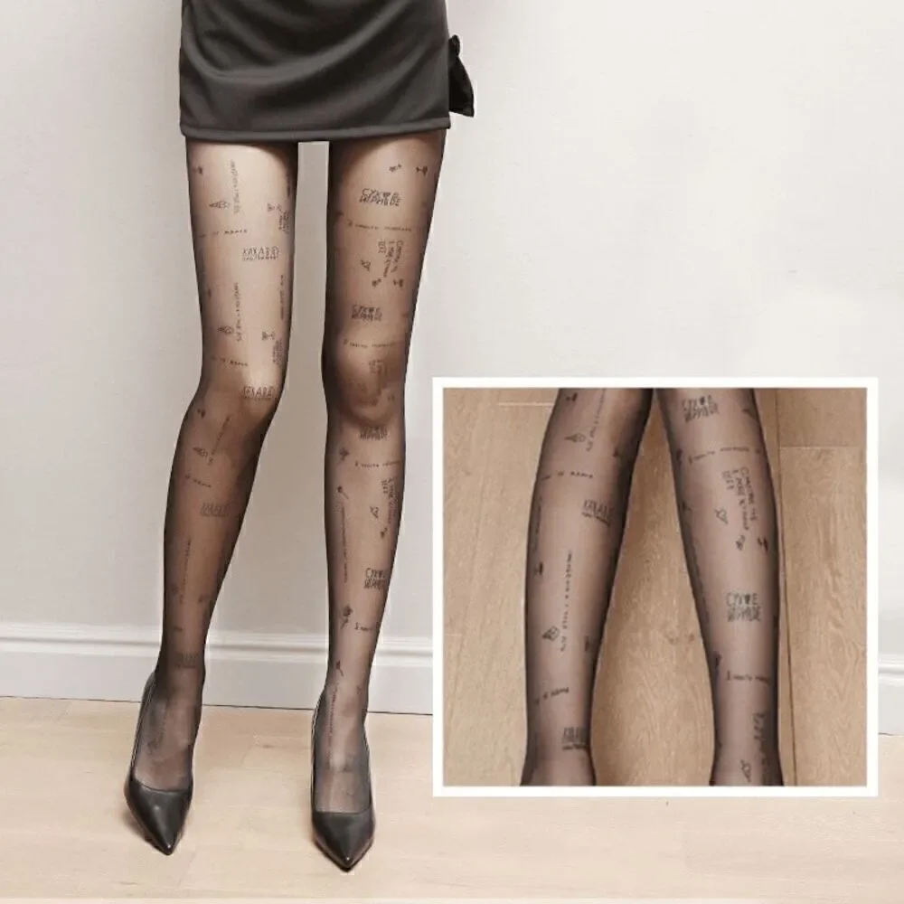 Funny Russian Text Letters Tattoo Printed Black Sheer Nylon Pantyhose Tights NEW